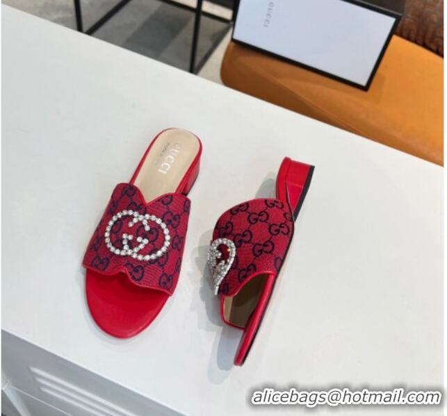 Low Price Gucci GG Canvas Slide Sandal with Crystal Double G 022161 Red