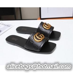 Discount Gucci GG Leather Slide Sandal with Double G Black 022162