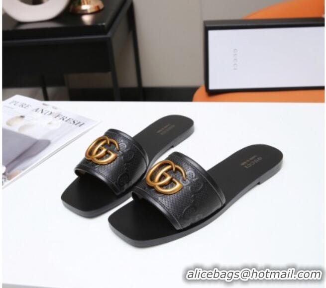 Discount Gucci GG Leather Slide Sandal with Double G Black 022162