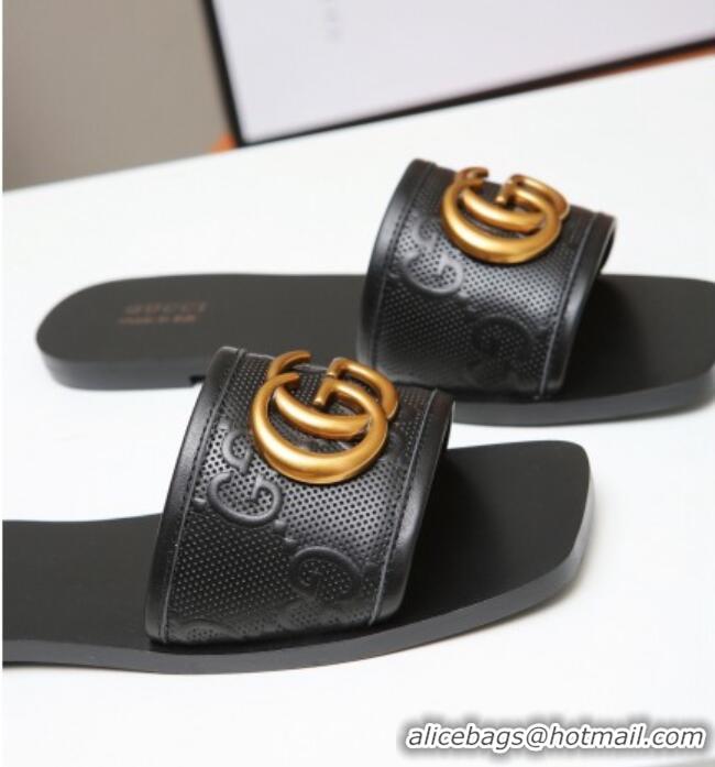 Discount Gucci GG Leather Slide Sandal with Double G Black 022162