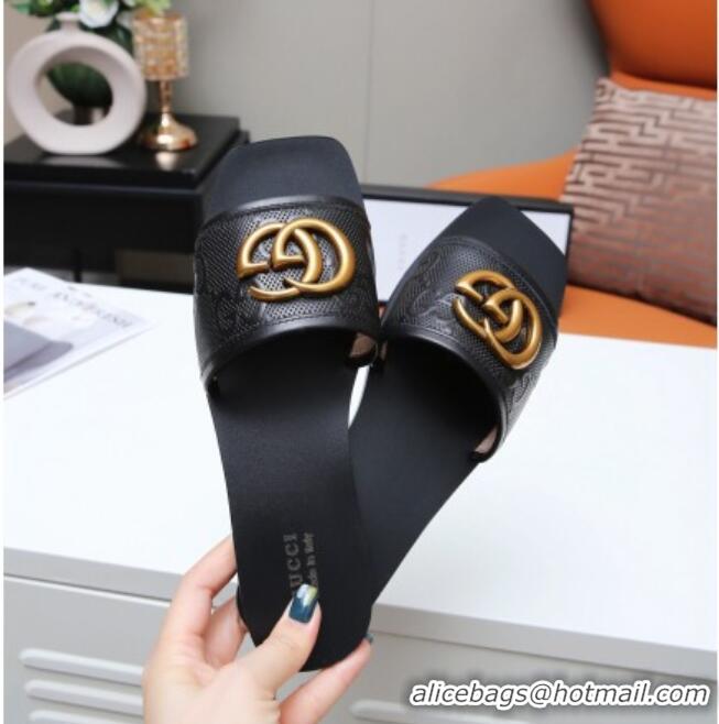 Discount Gucci GG Leather Slide Sandal with Double G Black 022162