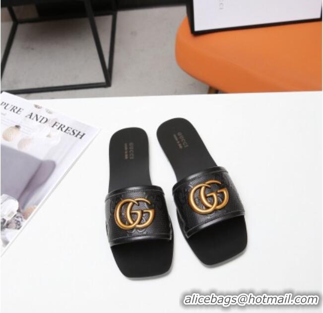 Discount Gucci GG Leather Slide Sandal with Double G Black 022162