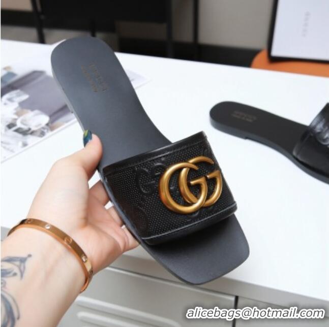 Discount Gucci GG Leather Slide Sandal with Double G Black 022162