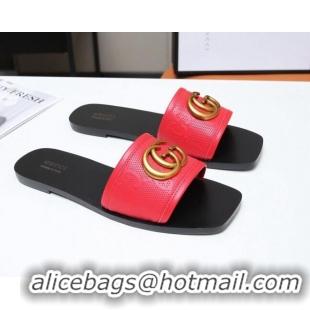 Reasonable Price Gucci GG Leather Slide Sandal with Double G 022162 Red