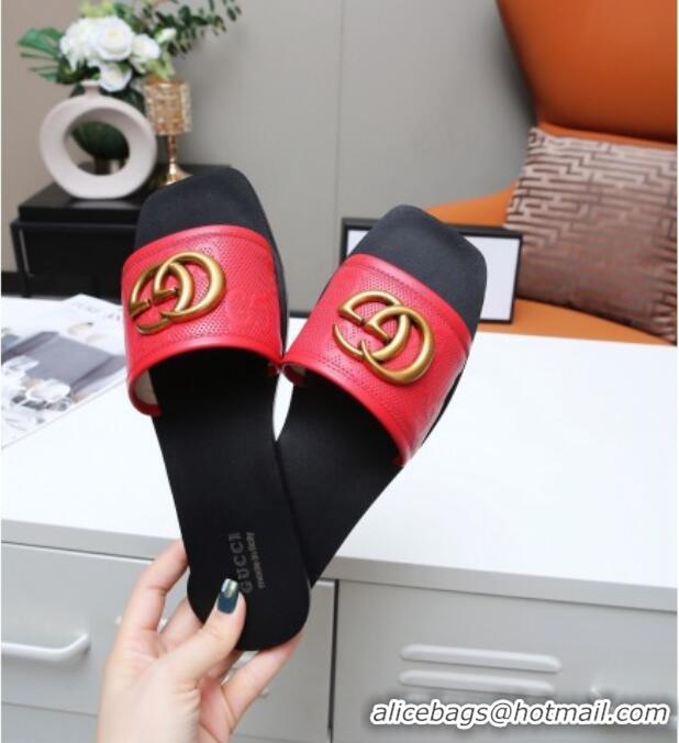 Reasonable Price Gucci GG Leather Slide Sandal with Double G 022162 Red