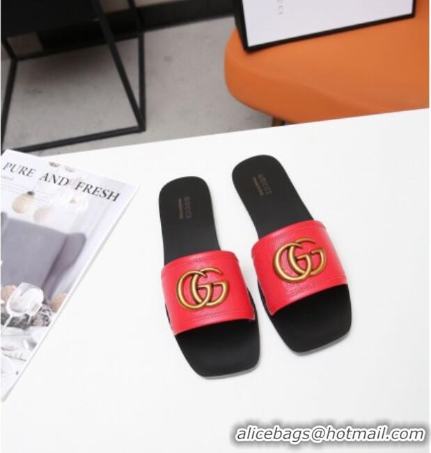 Reasonable Price Gucci GG Leather Slide Sandal with Double G 022162 Red