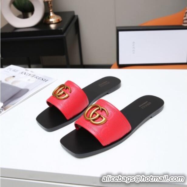 Reasonable Price Gucci GG Leather Slide Sandal with Double G 022162 Red