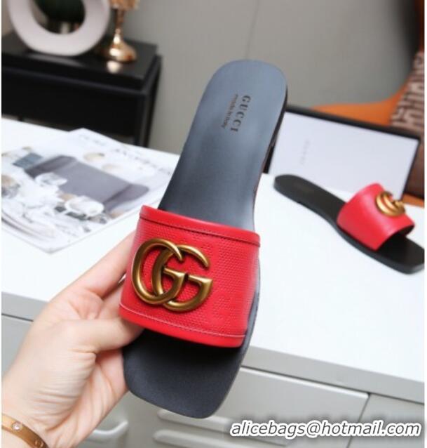 Reasonable Price Gucci GG Leather Slide Sandal with Double G 022162 Red