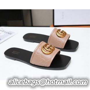 Cute Gucci GG Leather Slide Sandal with Double G 022162 Apricot