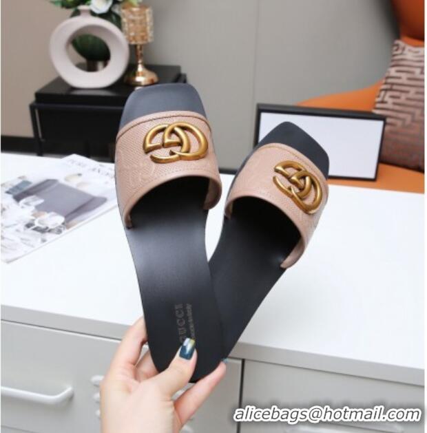 Cute Gucci GG Leather Slide Sandal with Double G 022162 Apricot