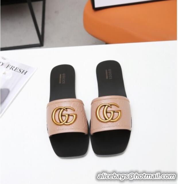 Cute Gucci GG Leather Slide Sandal with Double G 022162 Apricot