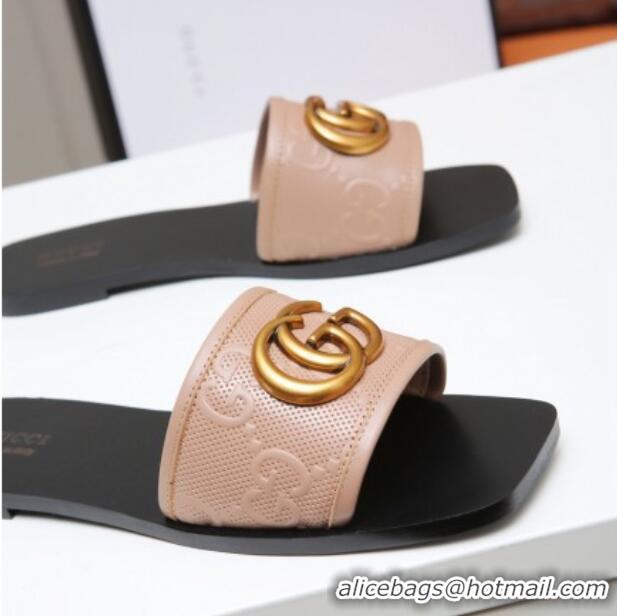 Cute Gucci GG Leather Slide Sandal with Double G 022162 Apricot