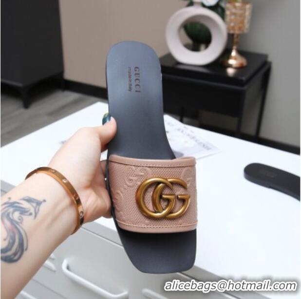 Cute Gucci GG Leather Slide Sandal with Double G 022162 Apricot