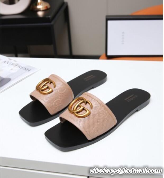 Cute Gucci GG Leather Slide Sandal with Double G 022162 Apricot