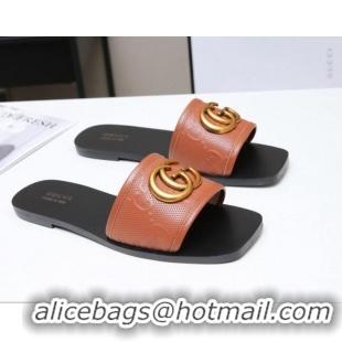 Affordable Price Gucci GG Leather Slide Sandal with Double G 022162 Brown