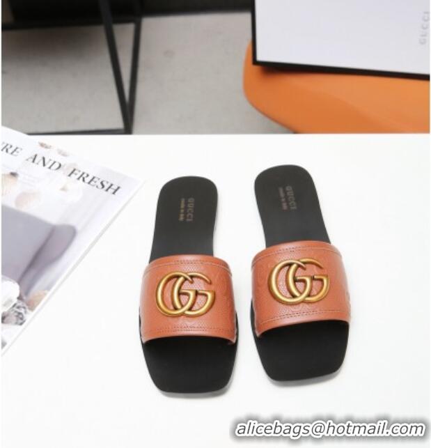 Affordable Price Gucci GG Leather Slide Sandal with Double G 022162 Brown