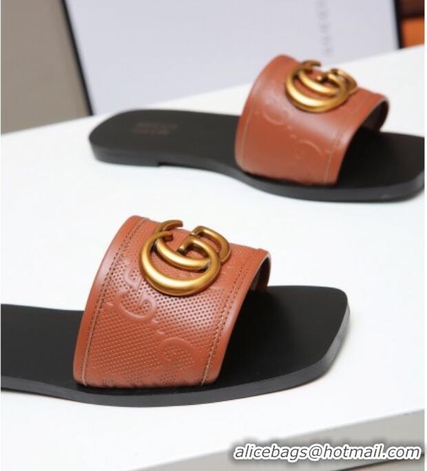 Affordable Price Gucci GG Leather Slide Sandal with Double G 022162 Brown