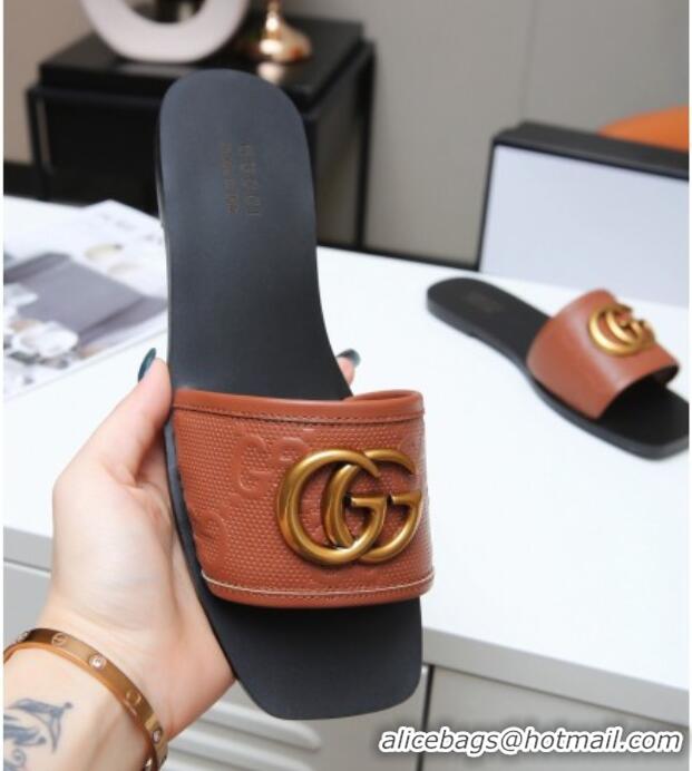 Affordable Price Gucci GG Leather Slide Sandal with Double G 022162 Brown