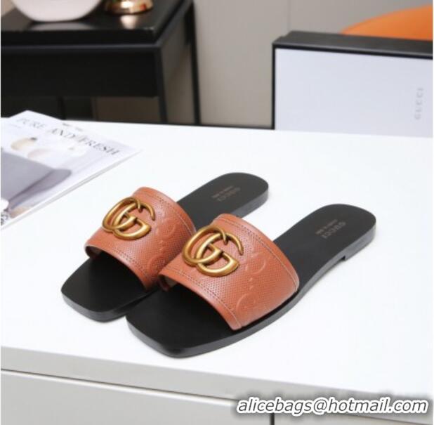 Affordable Price Gucci GG Leather Slide Sandal with Double G 022162 Brown