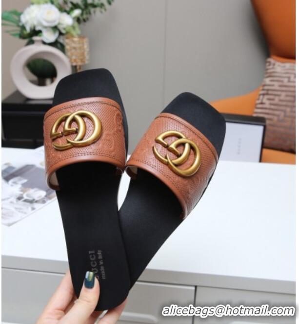 Affordable Price Gucci GG Leather Slide Sandal with Double G 022162 Brown