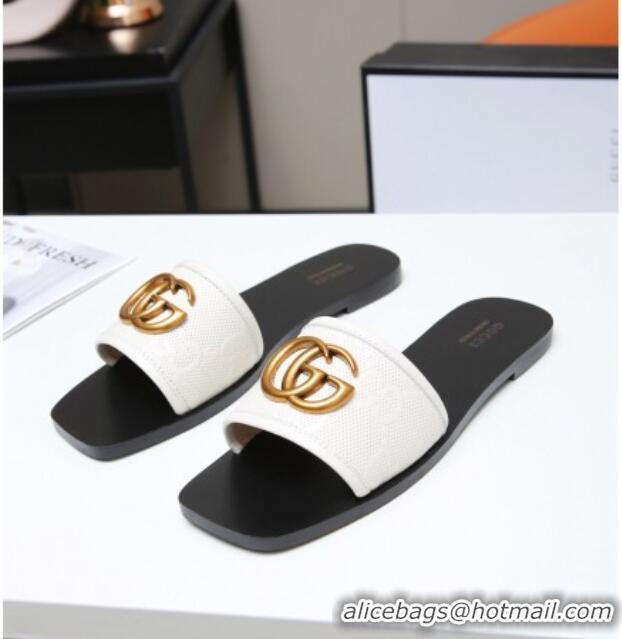 Discount Gucci GG Leather Slide Sandal with Double G 022162 White