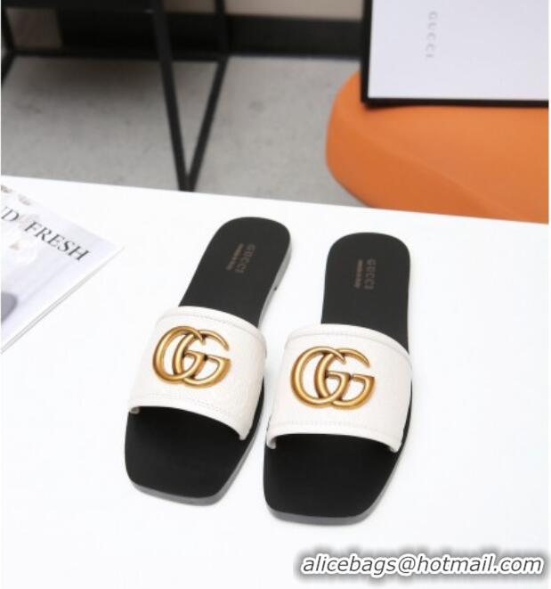 Discount Gucci GG Leather Slide Sandal with Double G 022162 White