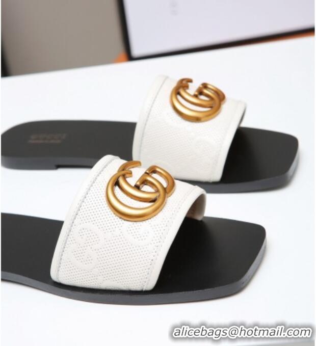 Discount Gucci GG Leather Slide Sandal with Double G 022162 White