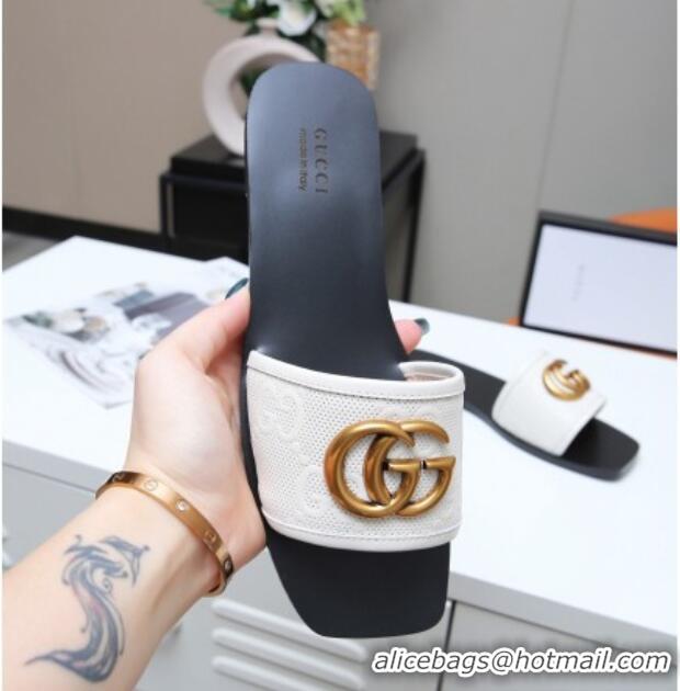 Discount Gucci GG Leather Slide Sandal with Double G 022162 White