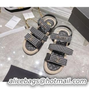 ​High Quality Chanel Houndstooth Strap Flat Sandals C2142 Black 2022