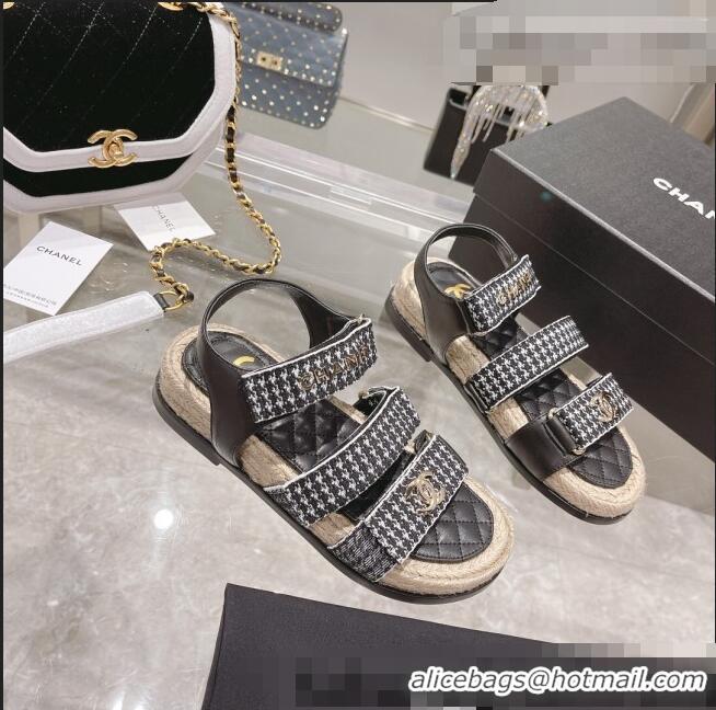 ​High Quality Chanel Houndstooth Strap Flat Sandals C2142 Black 2022