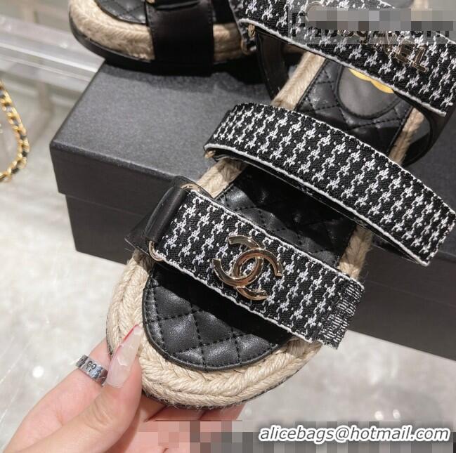 ​High Quality Chanel Houndstooth Strap Flat Sandals C2142 Black 2022