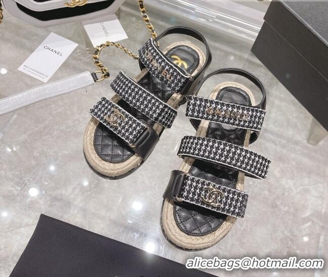 ​High Quality Chanel Houndstooth Strap Flat Sandals C2142 Black 2022