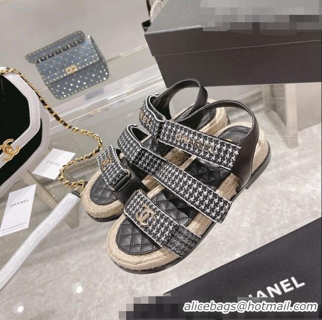 ​High Quality Chanel Houndstooth Strap Flat Sandals C2142 Black 2022