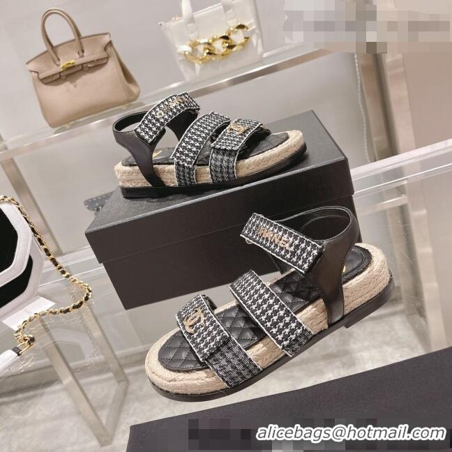 ​High Quality Chanel Houndstooth Strap Flat Sandals C2142 Black 2022