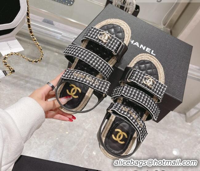 ​High Quality Chanel Houndstooth Strap Flat Sandals C2142 Black 2022