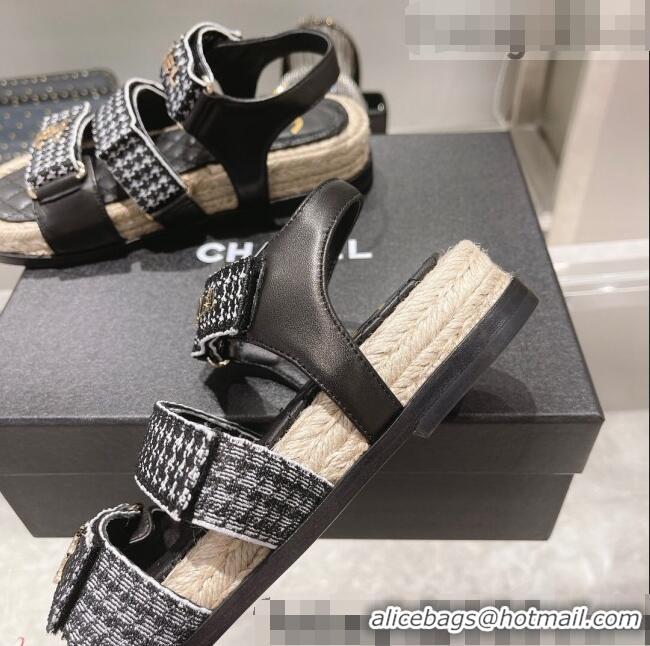 ​High Quality Chanel Houndstooth Strap Flat Sandals C2142 Black 2022