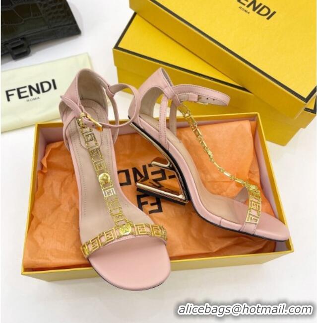 Good Product Fendi First F Calfskin Heel 8.5cm Sandals with Logo Chain Pink 021596