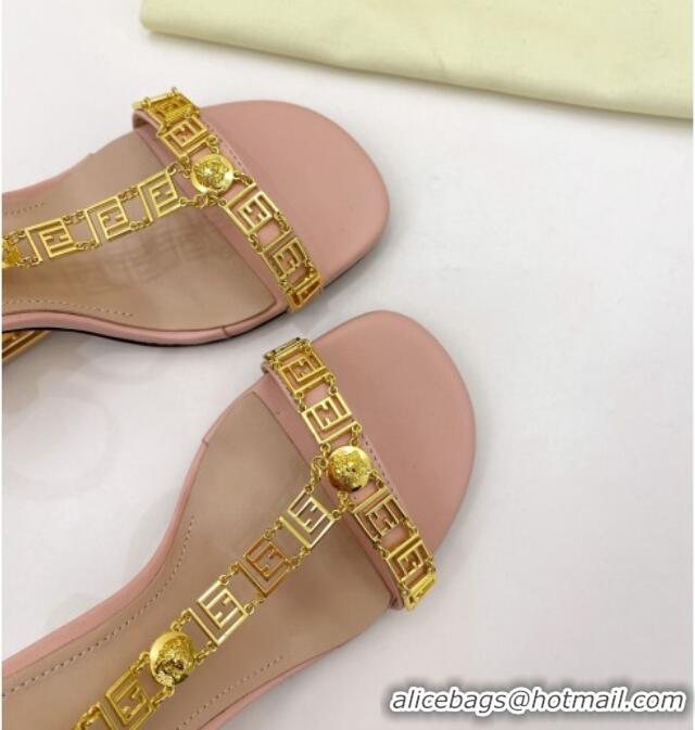 Good Product Fendi First F Calfskin Heel 8.5cm Sandals with Logo Chain Pink 021596