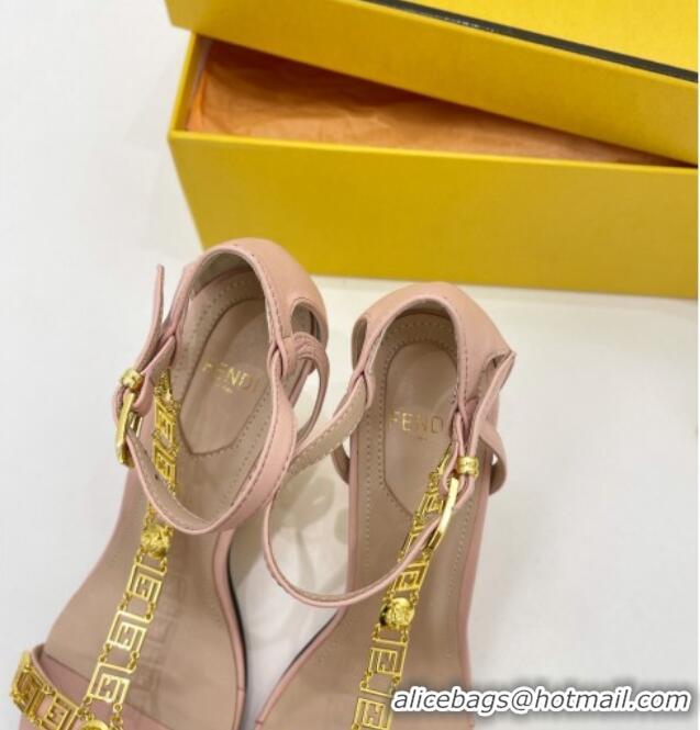 Good Product Fendi First F Calfskin Heel 8.5cm Sandals with Logo Chain Pink 021596