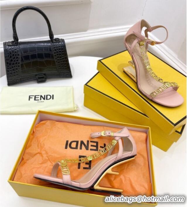 Good Product Fendi First F Calfskin Heel 8.5cm Sandals with Logo Chain Pink 021596