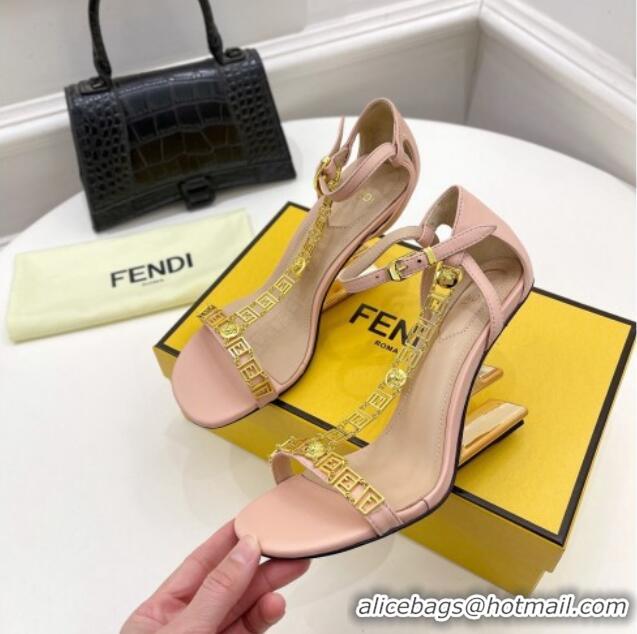 Good Product Fendi First F Calfskin Heel 8.5cm Sandals with Logo Chain Pink 021596