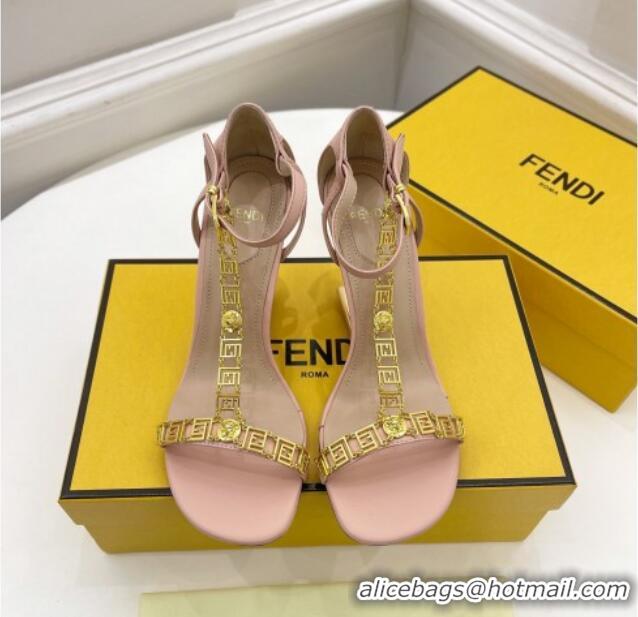 Good Product Fendi First F Calfskin Heel 8.5cm Sandals with Logo Chain Pink 021596