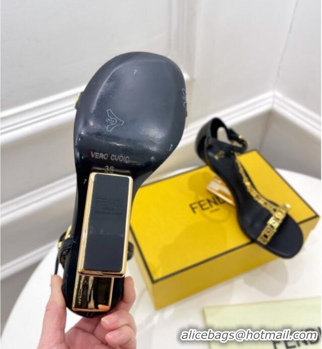 Cute Fendi First F Calfskin Heel 8.5cm Sandals with Logo Chain 021596 Black