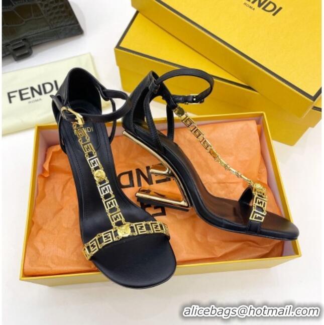 Cute Fendi First F Calfskin Heel 8.5cm Sandals with Logo Chain 021596 Black