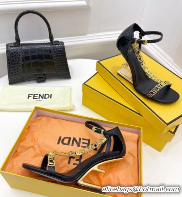 Cute Fendi First F Calfskin Heel 8.5cm Sandals with Logo Chain 021596 Black