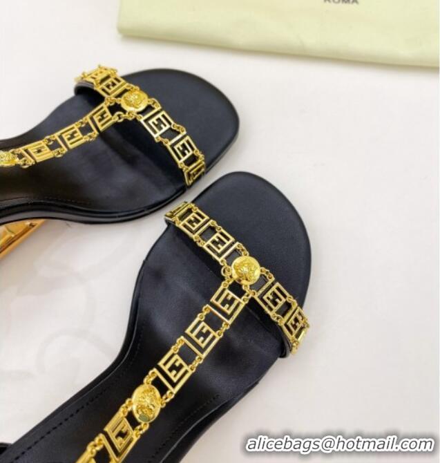 Cute Fendi First F Calfskin Heel 8.5cm Sandals with Logo Chain 021596 Black