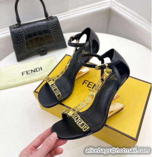 Cute Fendi First F Calfskin Heel 8.5cm Sandals with Logo Chain 021596 Black