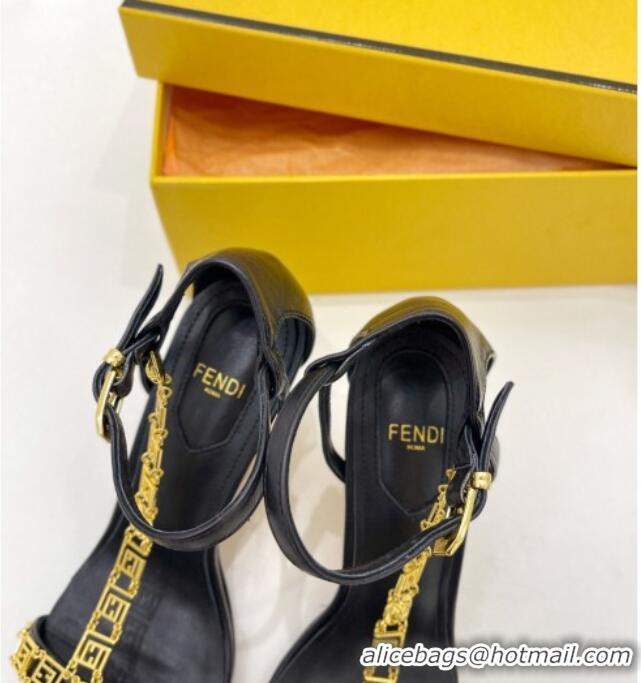 Cute Fendi First F Calfskin Heel 8.5cm Sandals with Logo Chain 021596 Black