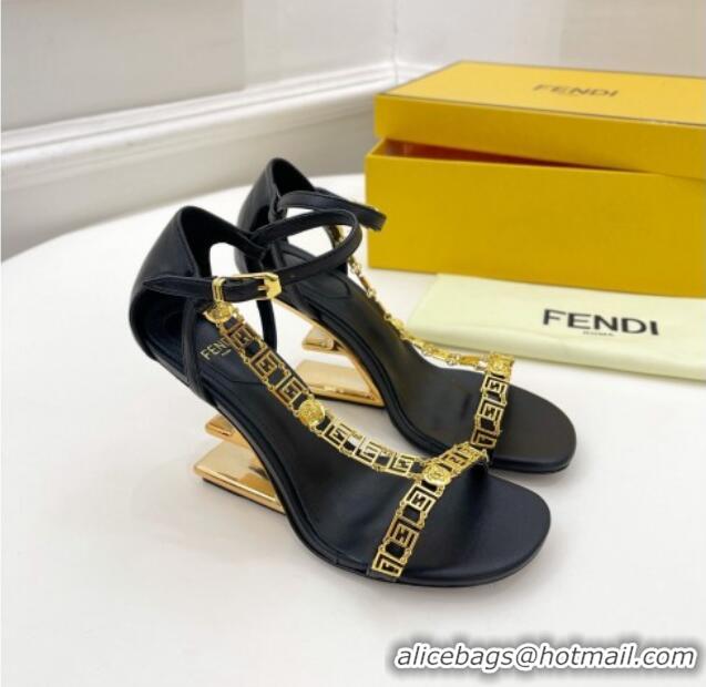 Cute Fendi First F Calfskin Heel 8.5cm Sandals with Logo Chain 021596 Black