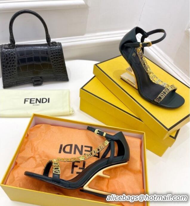 Super Quality Fendi First F Calfskin Heel 8.5cm Sandals with Logo Chain 021596 Dark Green